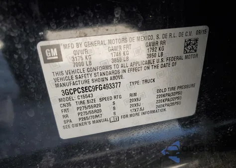 2015 Chevrolet Silverado C1500 Ltz from USA, damaged, VIN 3GCPCSEC9FG493377